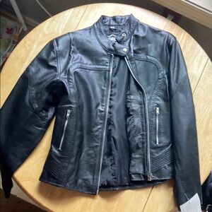 Black Leather Motorcycle Jacket with Fitted Cut and Seam Details